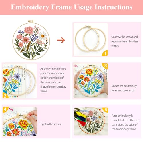 Zhenqing Pink Floral Bouquet Cross Stitch Kit for Beginners - 11CT 24x24cm Pre-Printed Pattern with Embroidery Hoop, Threads & Tools(70517) - color: Pink Floral Bouquet