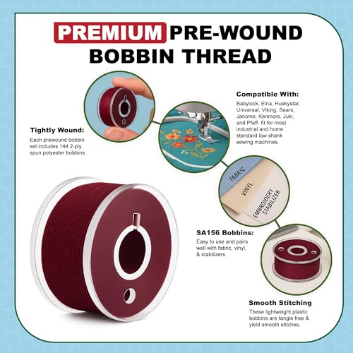 Mandala Crafts Burgundy 15J SA156 Prefilled Bobbin Thread, 144 PCs - color: Burgundy, size: Size A 144 X 142 Yards