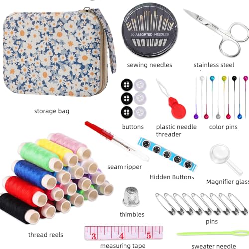 Daisy Sewing Kit Printing Sewing Kit,Professional Sewing Supplies for Adults, Zipper Sewing Needles Set, 87 PCS Travel Sewing Accessory for Emergency, Home - color: 87PCS-Daisy