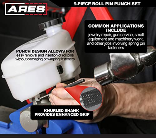 ARES 10021 – 9-Piece Roll Pin Punch Set – Durable Heat Treated and Drop Forged Steel Pin Punches with Pouch -Ideal for Automotive Repair, Gunsmithing, Craft Work, and Jewelry Repair - size: 9-Piece Roll Pin Punch Set