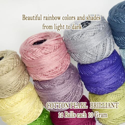 Double Mercerized Egyptian Long Staple Cotton Pearl Thread Ball 10 Grams Rainbow Color 12 Colors per Box for Crochet Hardanger Kniting Hand Sewing,Cool Grey-GreenPalette - color: Cool Grey-Green Palette