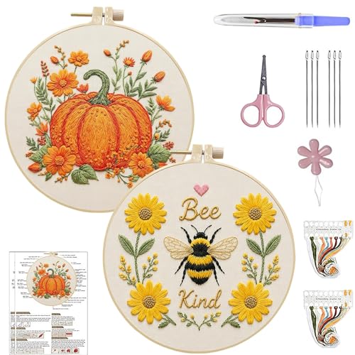 ARTopet 2Pcs Embroidery Kit for Adults Beginners Flower DIY Craft Starter Set Cotton Needlepoint Set with 7.87In Hoop Threads Tools Perfect Gifts for Hobbyists to Create Wall Art-03 - color: 2Pcs-03