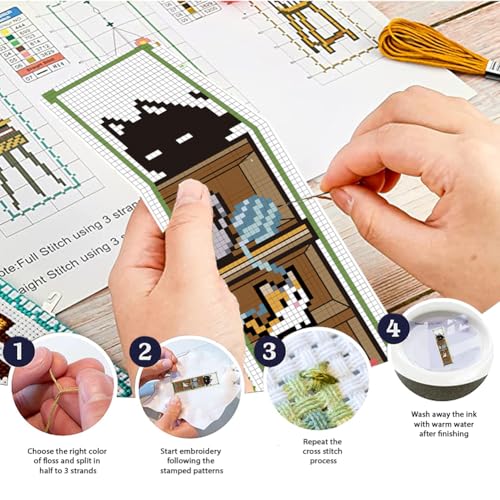FREEBLOSS 6 Set Cross Stitch Bookmark Kit 8"x2.4" 11CT Cartoon Cat - style: Cats Life