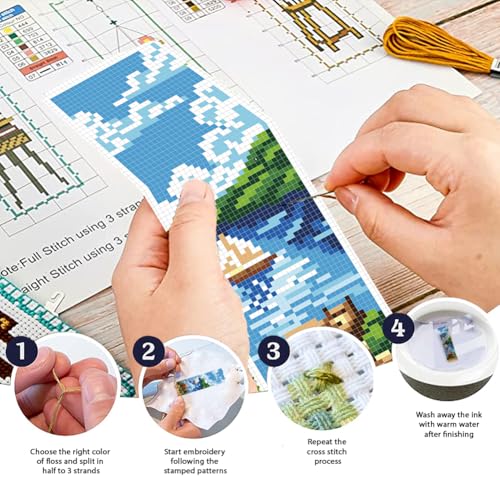 FREEBLOSS 6 Set Cross Stitch Bookmark Kit 11 CT Stamped Cross Stitch Kit DIY Embroidery Bookmark Kits for Adult Beginners with Instructions, Nature Scenery Pattern, 6 x 20 cm/8" x 2.4" - style: Natural Zoo Animals