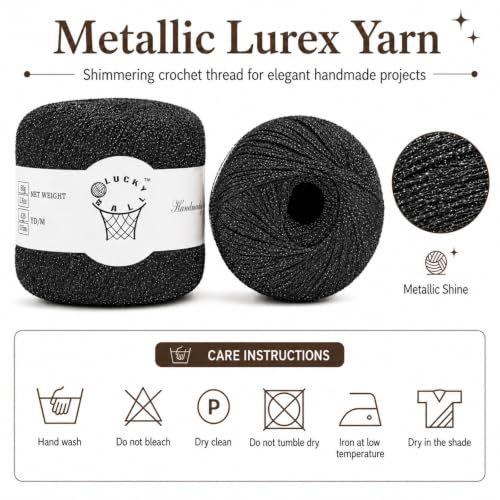 2PCS Metallic Crochet Thread,Yarn for Crocheting,Metallic Thread Round Band Yarn,Lurex Yarn with Metallic Shine, Sparkle Metallic Yarn for Clothes, Car Charm, Keychain Charm 80g Black - color: Black
