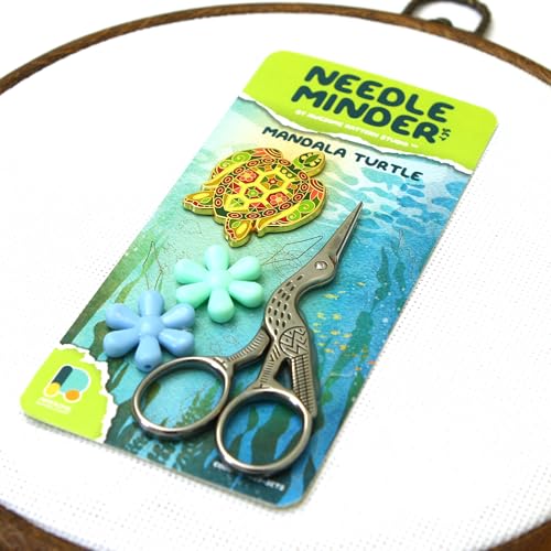 Awesome Pattern Studio Needle Minder Set - Mandala Turtle Magnetic Needle Minder + 2 Needle Threaders + Crane Scissors. Enamel Pin for Cross Stitch, Embroidery and Craft - size: Turtle Set #2