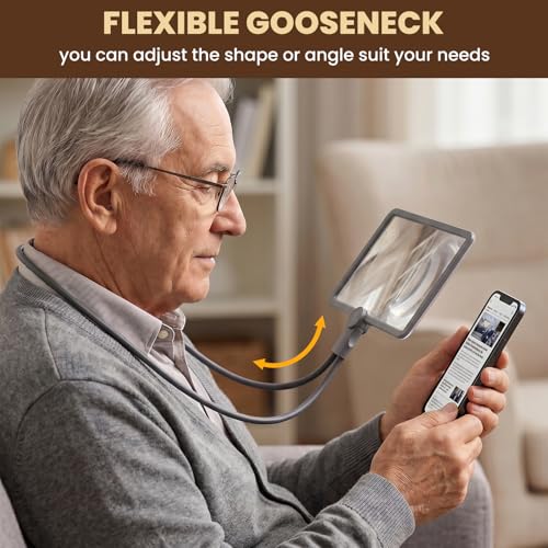 Neck Magnifying Glass with Light, 3-in-1 5X Magnification, 48 LEDs, Acrylic Lens, Adjustable Gooseneck, 3 Color Brightness Settings, Rechargeable, for Seniors Reading & Craft (Grey)