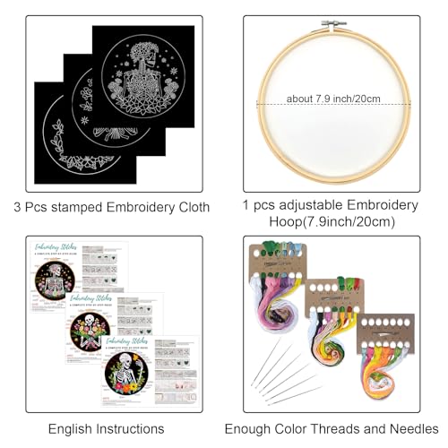 Louise Maelys 3 Pack Embroidery Kit for Beginners Floral Halloween DIY - color: Floral Skeleton