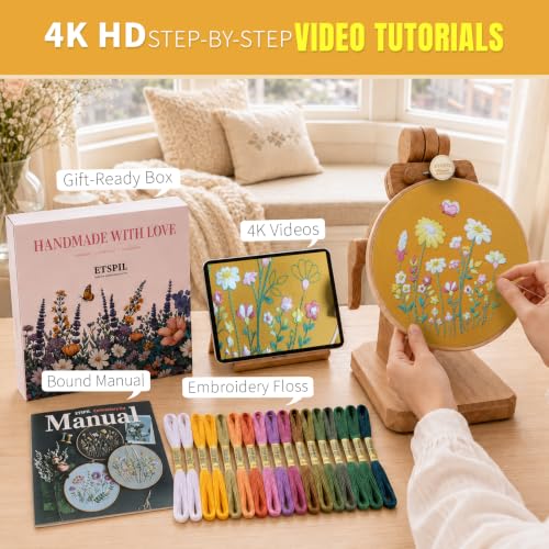 ETSPIL Embroidery Kit for Beginners, 2 Hoops, 4K Video, 4 Floral Patterns - color: flower A4