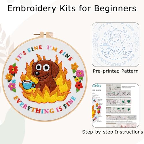 Nuberlic Cute Dog Embroidery Kits for Beginner Adults Cross Stitch Kit with Funny Animal Pattern Include Cloth Hoops Threads Needles - color: Dog