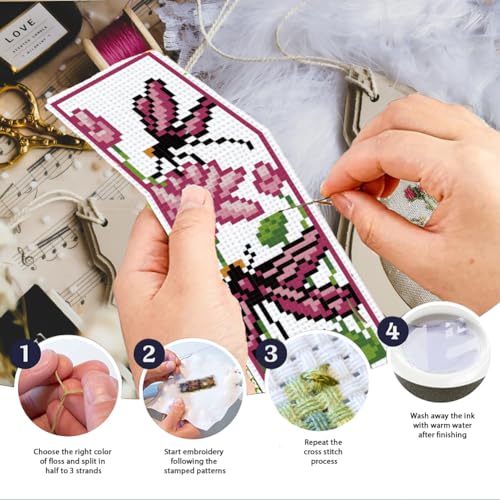 INFUNLY 6PCS Butterflies Cross Stitch Bookmark Kits Insects 8''x2.4'' Bookmark Making Kit Dragonflies DIY Stamped Embroidery Bookmarks for Beginners with Instruction for Book Lovers Reader Writers - style: Butterflies Insect
