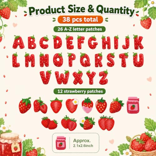 Cinrobiye 38 Pcs Strawberry Patches Self Adhesive Cute Sweet Strawberry A to Z Alphabet Applique Preppy Cute Chenille Letter Patches Stick on for Clothing Hats Bags Fabric DIY Crafts - style: Strawberry