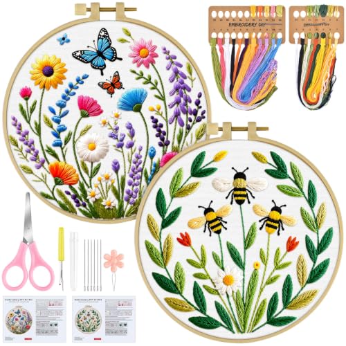 ERKOON 2 Set Embroidery Kit for Adult Beginners Flower Bee Cross Stitch Set - color: Flower Bee