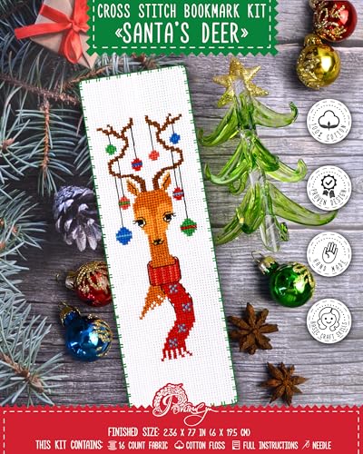 Povitrulya Santa's Reindeer - Counted Cross Stitch Bookmark Kit - DIY Embroidery Set - Hand Made Christmas Gift - color: Santa's deer