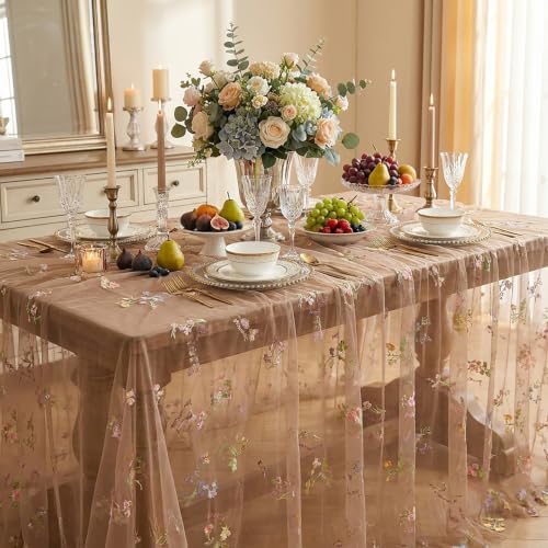 Gauze Table Runner Cloth Flower 10ft Embroidery Tulle Spring Wildflower - color: Brown, size: 60"x120",1pc