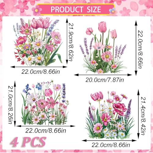 Flower Iron On Transfers Patches - 4PCS Pink Tulip Lavender Daisy Floral Heat Transfer Vinyl Decals for DIY Clothing T-Shirt Bag Pillow, Vintage Botanical Pattern Iron on Appliques for Crafts Supplies - style: Pink Flower A