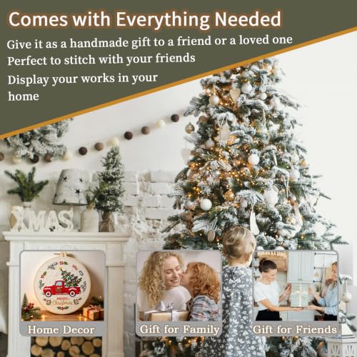 FONNUY Crewel Christmas Embroidery Kit for Beginners, Cross Stitch Set Winter Snow Scene Pine Owl Pattern for Adults, Easy to Follow Color Thread Needlework, 8'' Hoop (Tree 1) - style: Tree 1