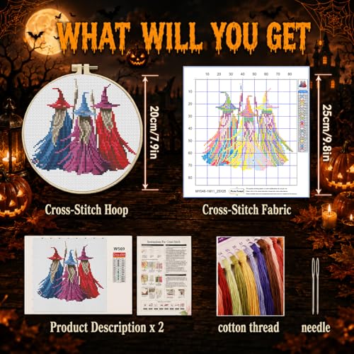 VIGEGU Witch Stamped Cross Stitch Kits for Adults Beginners with Hoop Frame - color: Witch Cross Stitch with Framed