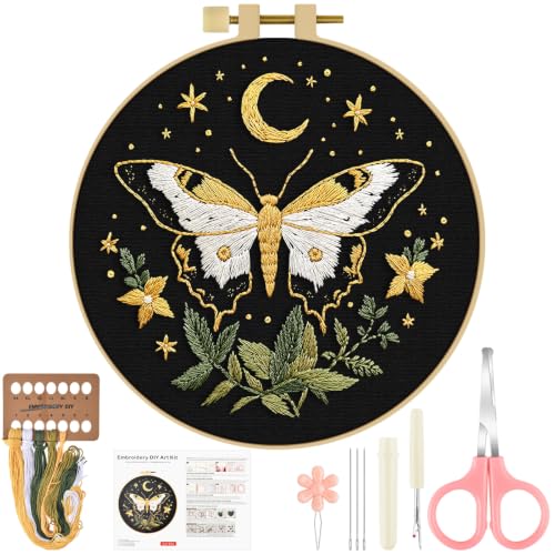 ERKOON Embroidery Kit for Beginners Adult Cross Stitch Set Include Embroidery Cloth Hoop Threads for Craft Lover Hand Stitch with Embroidery Skill Techniques (Moon Butterfly) - color: Moon Butterfly