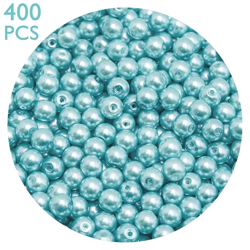 400PCs 4mm Lake Blue Glass Pearl Beads Bulk, Round Smooth Hole Fake Pearls for Jewelry Making, DIY Bracelets, Necklaces, Bag Charms, Keychains and Craft Supplies - color: Pearl - Lake Blue, size: 4MM