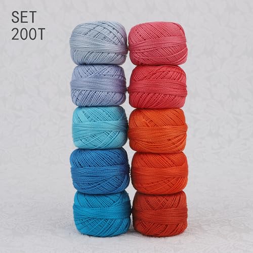 Size 8 Double Mercerized Egyptian Long Staple Cotton Pearl Thread Ball 5 Grams Rainbow Color Embroidery Thread 10 Colors per Box for Crochet Hardanger Cross Stitch Hand Embroidery (Set T) - color: Set T