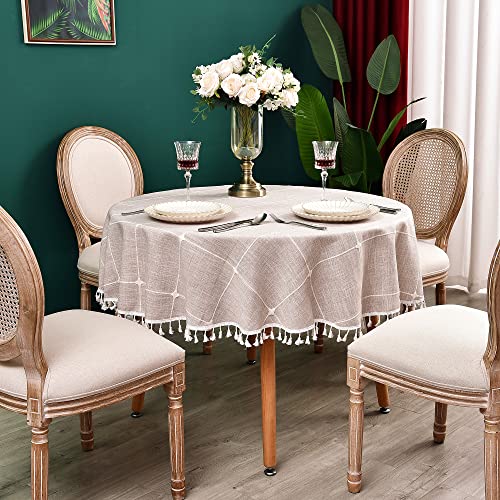 Cotton Linen Round Tablecloth Plaid Heavy Weight Table Cloth for Round Tables Checkered Tassel Table Covers for Kitchen Dining Room Tabletop Decoration, Diameter 70 inch, Coffee - color: Coffee, size: 70" (Round)