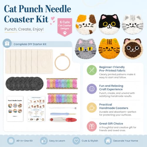 HGUANGJ Punch Needle Kit for Beginners Adults, Cat Coasters Kit with Adhesive Felt, Yarns, Embroidery Hoop for DIY Craft