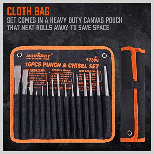 HORUSDY 16-Piece Punch and Chisel Set, Including Taper, Cold Chisels, Pin, Center - size: 16-Piece