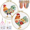 ERKOON Embroidery Kit for Beginners Adult, 2 Set Cross Stitch Set Include Embroidery Cloth Hoops Threads for Craft Lover Hand Stitch with Embroidery Skill Techniques (Rooster) - color: Rooster