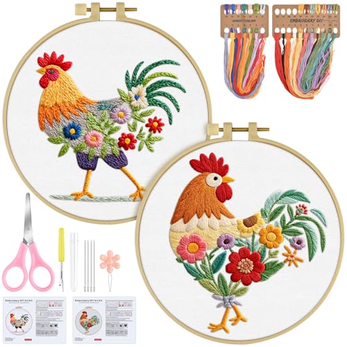 ERKOON Embroidery Kit for Beginners Adult, 2 Set Cross Stitch Set Include Embroidery Cloth Hoops Threads for Craft Lover Hand Stitch with Embroidery Skill Techniques (Rooster) - color: Rooster