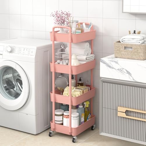Sywhitta 4-Tier Plastic Rolling Utility Cart with Wheels for Storage, Pink - color: Pink, size: 4-tier