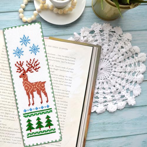 Povitrulya Winter Deer Counted Cross Stitch Bookmark Kit - DIY Embroidery Set with a Sampler Pattern of Reindeer and Snowflakes - Handmade Christmas, New Years Gift - color: Winter`s Deer