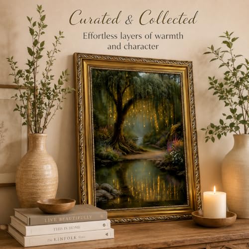 Vintage Gold Framed Forest Wall Art - Enchanted Fairy Tree Painting, Whimsical Dark Cottagecore Canvas Wall Decor for Bedroom, Living Room, Magical Golden Willow Nature Artwork 9x11in - color: forest, size: 11"L x 9"W