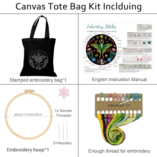 Nuberlic Embroidery Tote Bag Kit for Beginners with Moth Pattern - color: color1