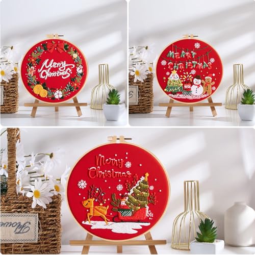 Offizon 3 Sets Embroidery Kit for Beginners Adult DIY Cross Stitches - color: Christmas Red
