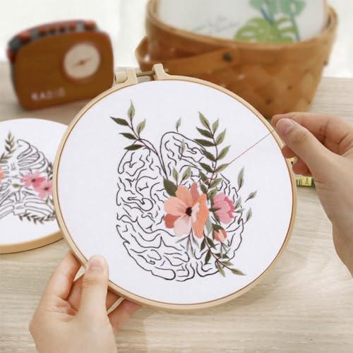Yangshine 3 Sets Human Anatomy Embroidery Kit for Beginners,Heart,Lungs,Bones, Anatomy Floral Art Print Cross Stitch Kits,Including Hoops, Fabric,Threads,Needles,Instructions and Tool Kit - color: Heart Lungs Bones
