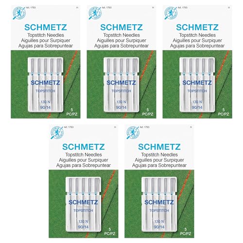 SCHMETZ Topstitch Sewing Machine Needles - Quilting & Topstitching Supplies, Size 90/14, 5-Needle Cards, Pack of 5 - size: 5 Cards (25 Needles)