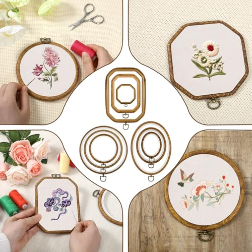 HANLANXUE 9 Pcs Large Embroidery Hoop Frame Set, 4 Shape Round, Oval, Rectangle and Octagonal Decorative Imitated Wood Display Frame for DIY Sewing Craft Hanging Ornaments