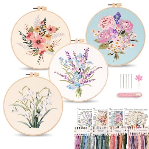 Harimau Adult Beginner Embroidery Starter Kit, Complete Set with 4 Patterns, 2 Hoops, Needles, Scissors, Instruction Guide & Stitching Video Tutorials - color: Floral6 pattern