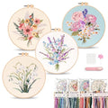 Harimau Adult Beginner Embroidery Starter Kit, Complete Set with 4 Patterns, 2 Hoops, Needles, Scissors, Instruction Guide & Stitching Video Tutorials - color: Floral6 pattern