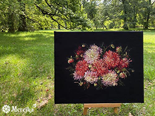 Merejka Dahlias Counted Cross Stitch Kit K-219 | Zweigart Black Aida 16 | 28 DMC Thread Colors | 11¾×15¾ in (30×40 cm)
