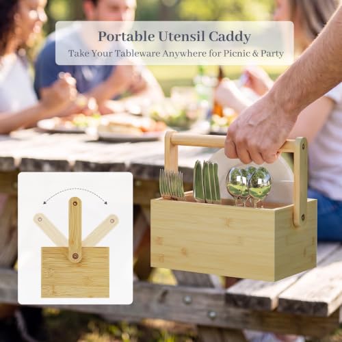 Silverware Caddy with Removable Dividers, Portable Utensil Holder for Party & Picnic, Bamboo Countertop Cutlery Organizer with Handle for Kitchen, RV & Outdoor Events (Natural) - color: Natural