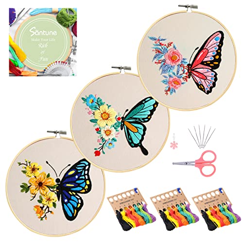 Santune 3 Pack Embroidery Kit for Beginners Adults Cross Stitch Kits with Butterfly Patterns and Instructions,DIY Hand Crafts with 1 Hoop,Threads and 6 Needles - color: Butterfly Series