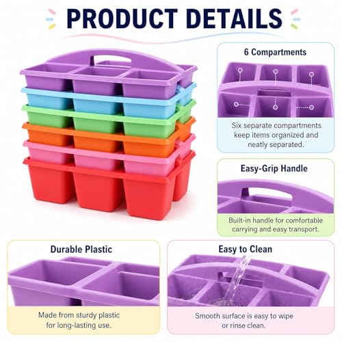 6 Pack Classroom Caddy with Handle, 6 Compartment (Rainbow) - color: Rainbow
