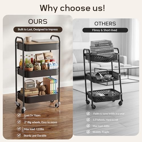 DTK 3 Tier Rolling Cart with Wheels, Heavy Duty Metal Utility Cart, Mobile Storage Organizer with Lockable Casters, Multi-Purpose Rolling Cart for Nursery, Bathroom, Kitchen, Office, Classroom - color: Matte Black, size: Large