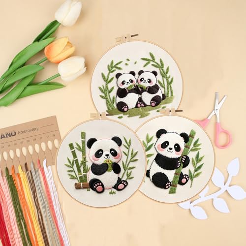Konrisa Panda Embroidery Starter Kit for Beginners, Cross Stitch Kit with 3pcs Embroidery Pattern, DIY Sewing Project Adult Needlepoint Kit with Hoop, Set of 3 - color: panda