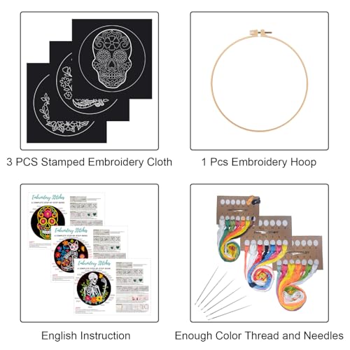 Louise Maelys 3 Set Halloween Skull Embroidery Kit for Beginners - color: skull flower