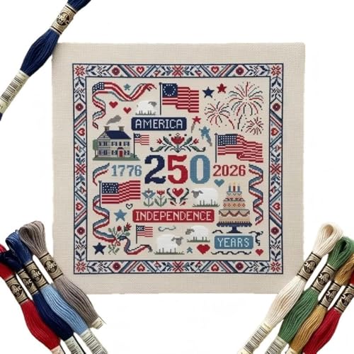 USA 250th Anniversary Cross Stitch Kit 9.8 x 9.8 Inch, 1776-2026 Patriotic Embroidery Kit for Beginners Adults, DIY 4th of July Patriotic Needlepoint Set with Threads Needle Wall Decor Craft Gift - color: 250th Anniversary-A