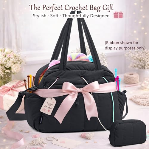MYBAGZING Large Crochet Bag Organizer w/Crochet Hook Case & Yarn Grommets - color: Black