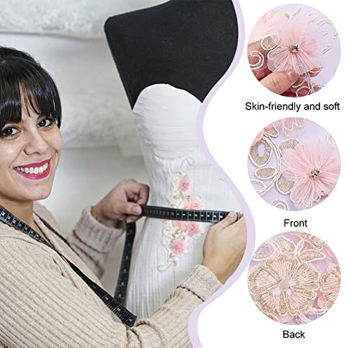 NBEADS 2 Pcs 3D Flower Lace Applique with Rhinestone, Pink Flower Lace Patches Floral Embroidered Appliques Ornaments Sew on Patches for DIY Clothing Wedding Dressing Decoration - color: Pink Flowers with Rhinestone-2 Pcs